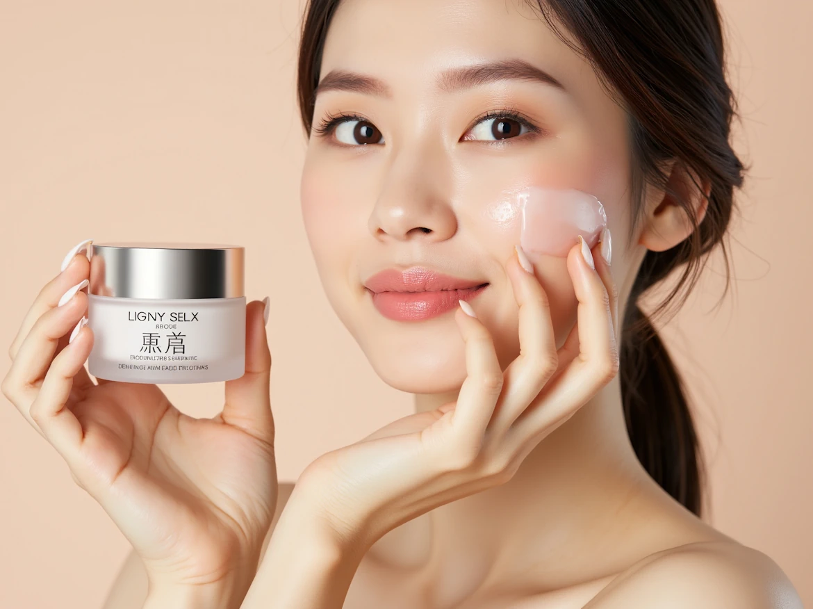 קרם לחות קוריאני LIGNY SELX בתמונה עם דוגמנית קוריאנית מורחת את המוצר על הפנים
